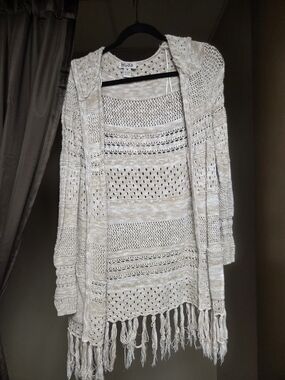 Mudd Cream Open-Knit Hooded Fringe Cardigan